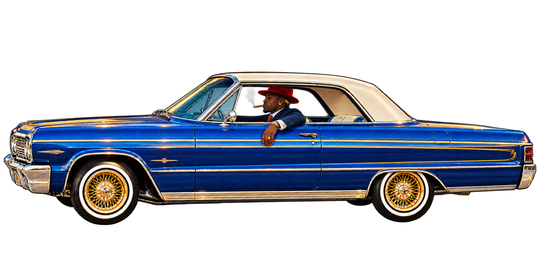 OBIOG avatar in a cobalt lowrider, red hat, arm resting outside the window and smoking a cigar