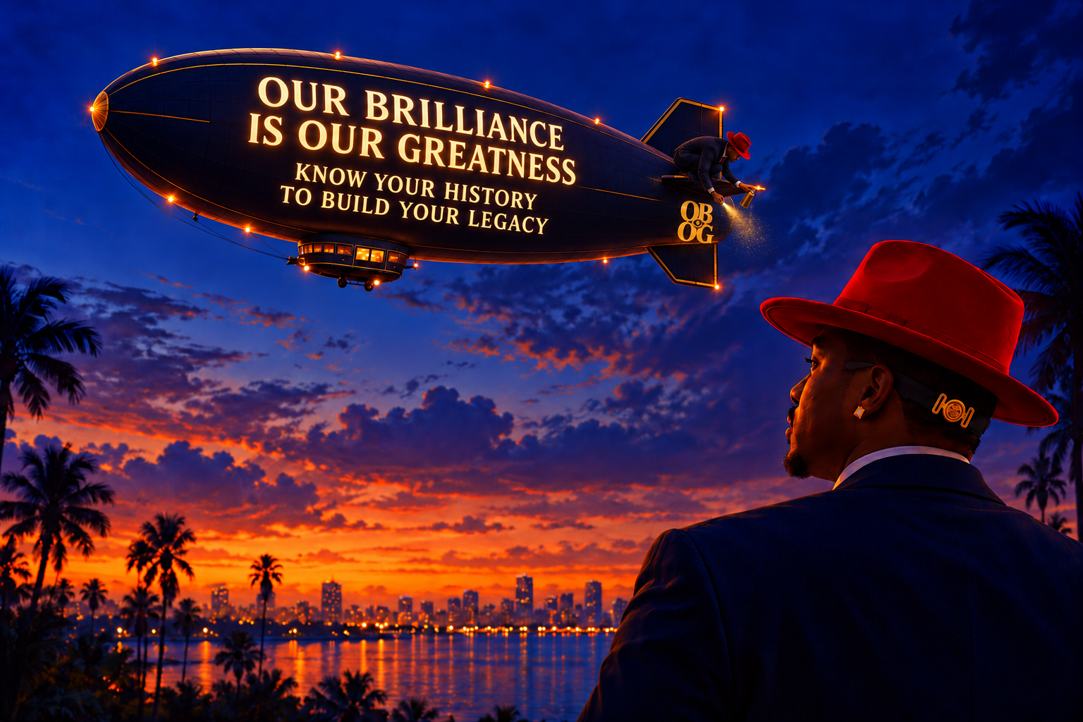 Been HIM inspired portrait of Obadyah in his red hat and navy suit, overlooking a blue-hour waterfront