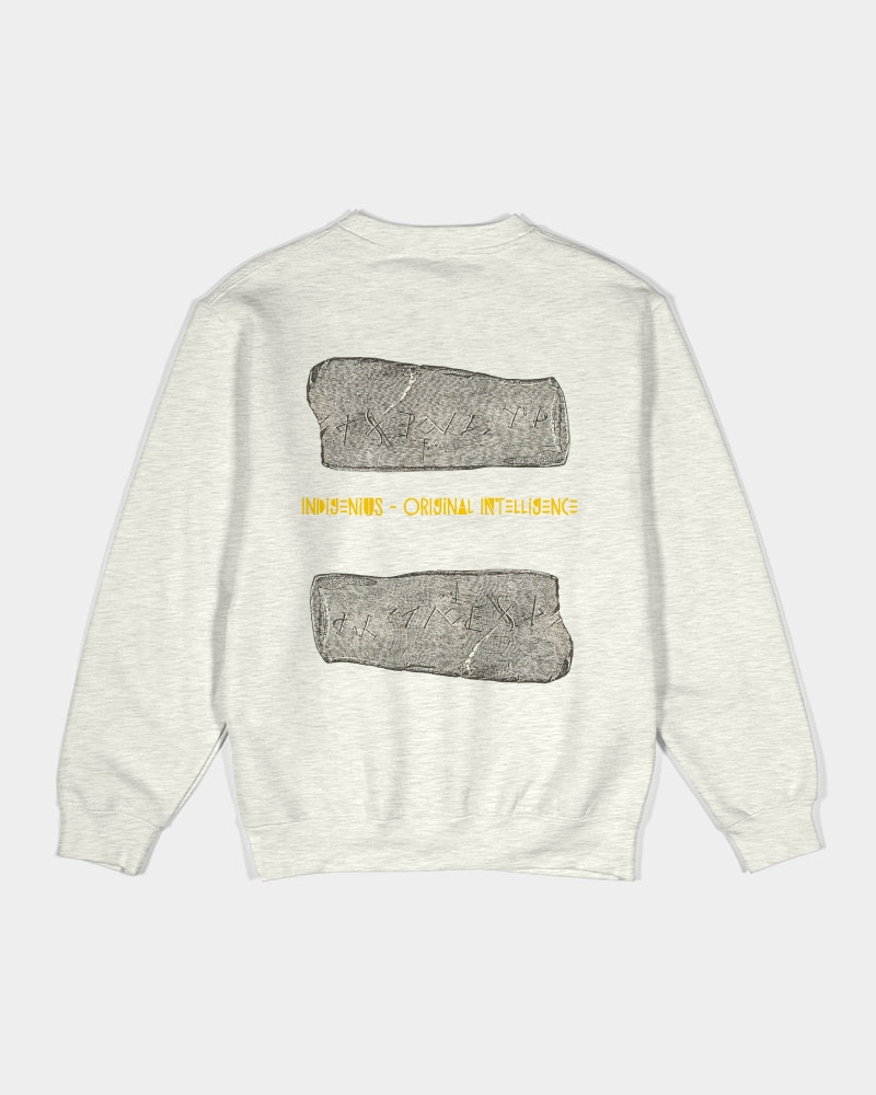 Back of the INDIGENIUS crewneck featuring stone artwork and Original Intelligence lettering