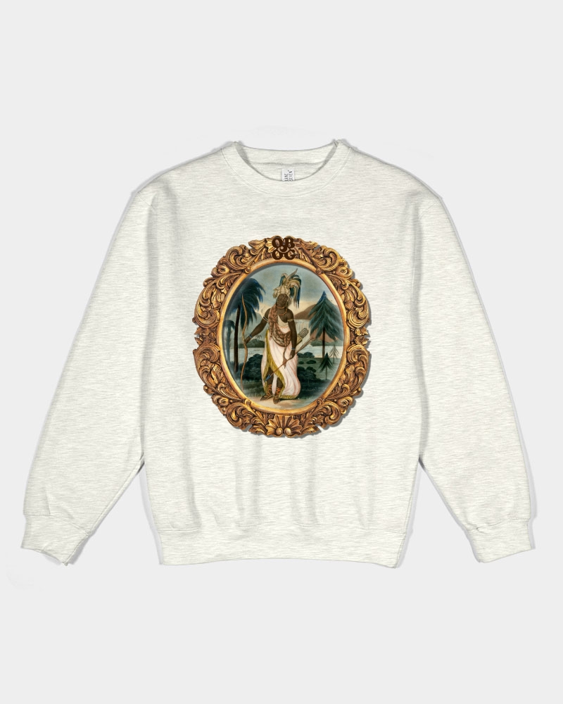 Cream INDIGENIUS crewneck with ornate gold framed portrait