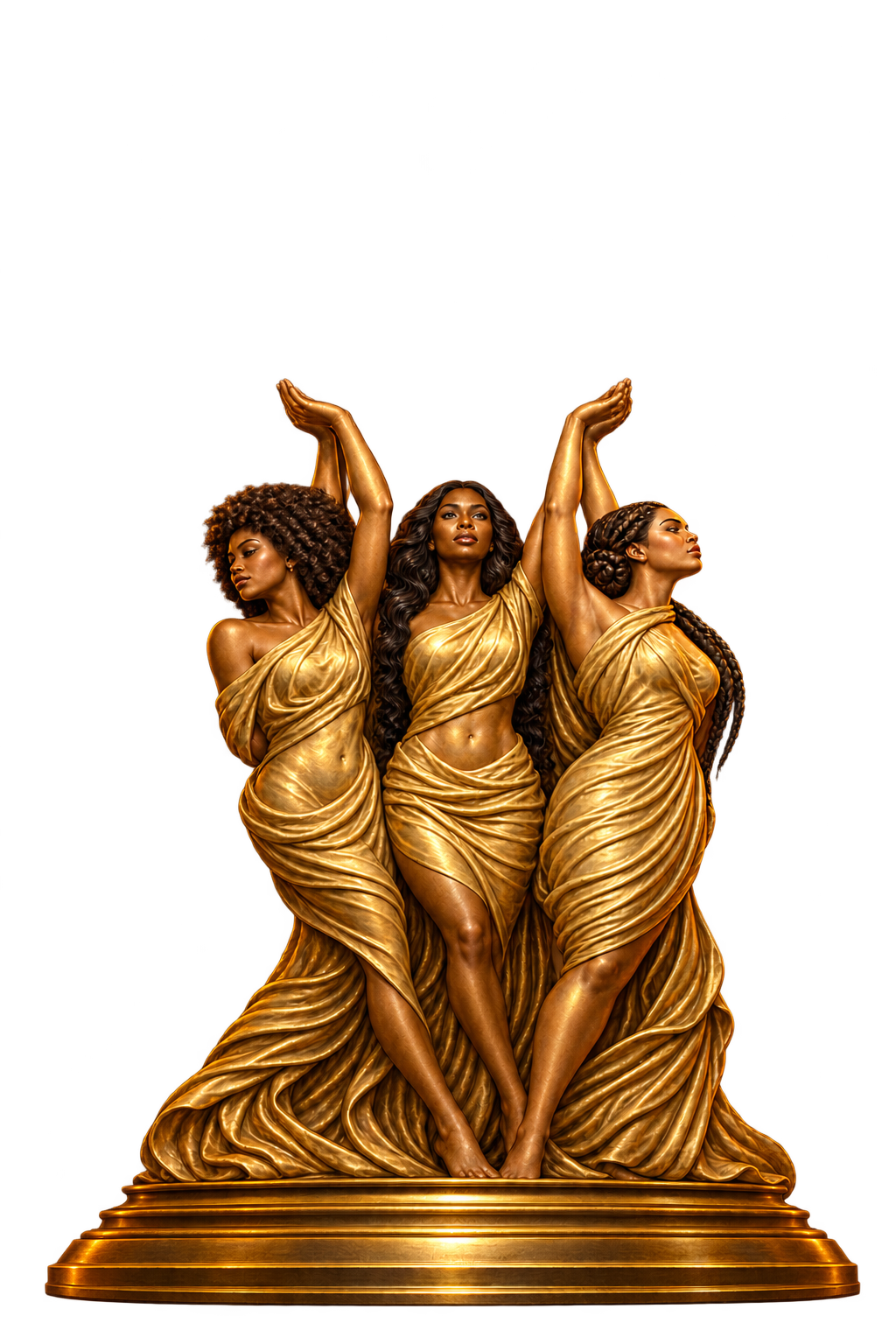 Three women standing still, supporting the golden world